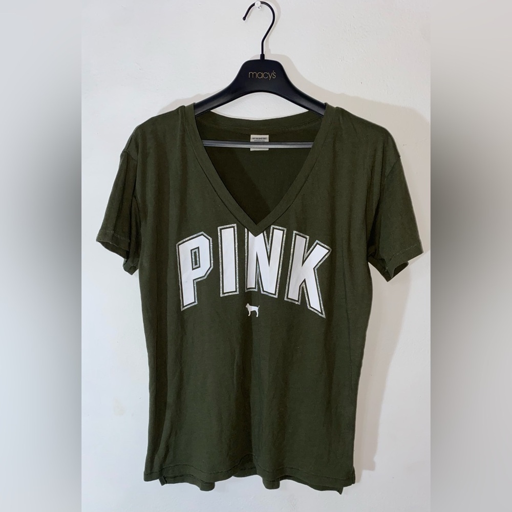 VICTORIAS SECRET PINK OLIVE GREEN T SHIRT